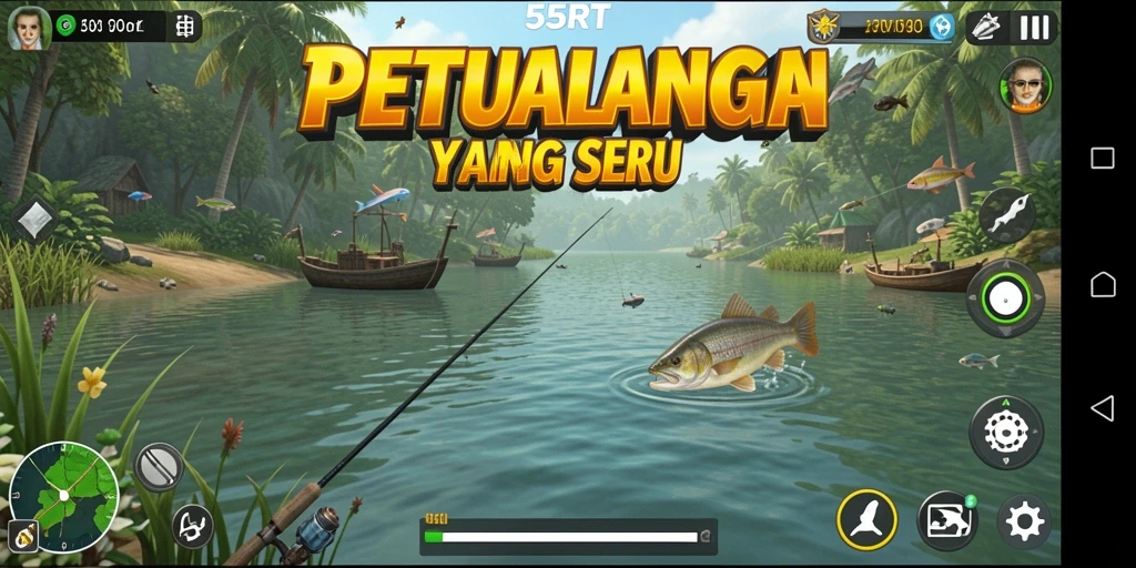 Screenshot gameplay 55RT menampilkan aksi memancing yang menegangkan.