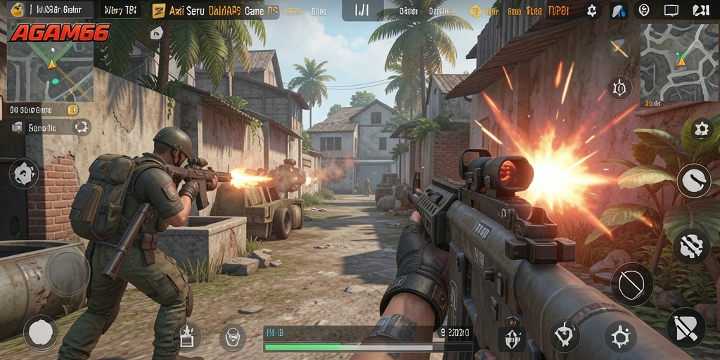 Screenshot gameplay AGAM66 menunjukkan aksi mendebarkan dalam pertempuran TPS.