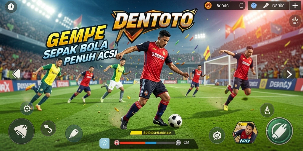 Screenshot DENTOTO menampilkan aksi pertandingan sepak bola yang seru.