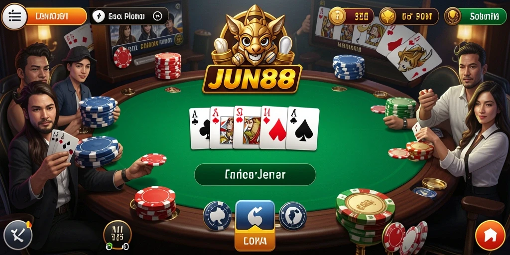 Tampilan gameplay Poker yang menegangkan di JUN88.