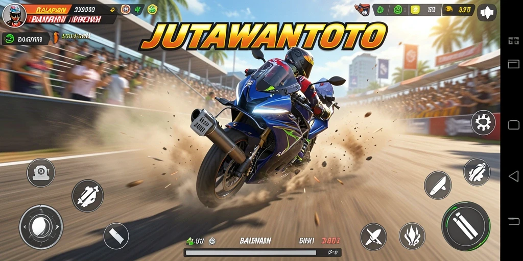 Screenshot gameplay balapan motor JUTAWANTOTO yang mendebarkan.