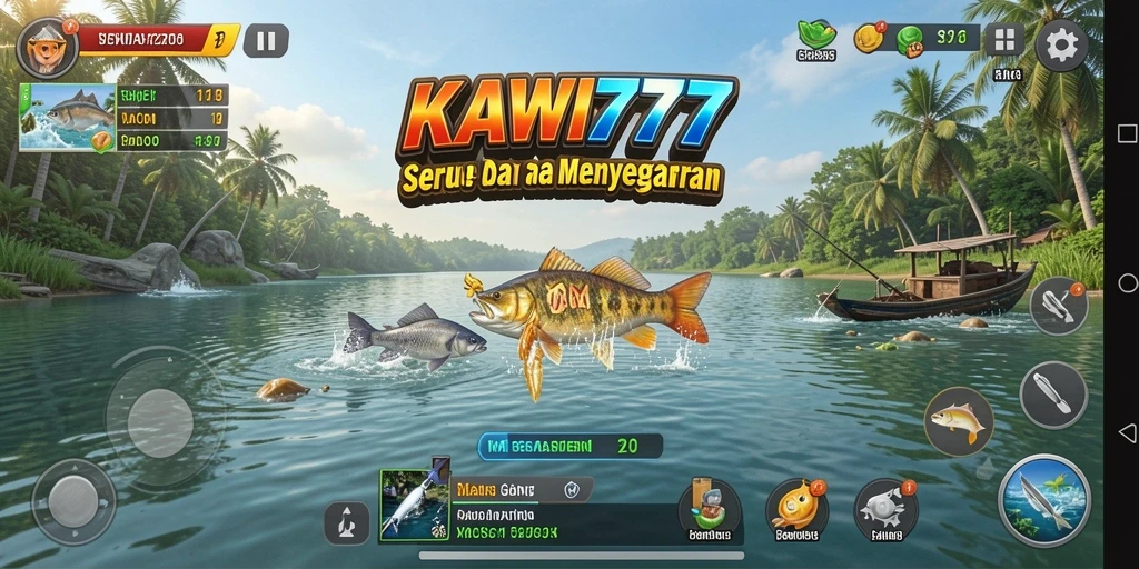 Screenshot gameplay menunjukkan suasana memancing yang seru dan interaktif.