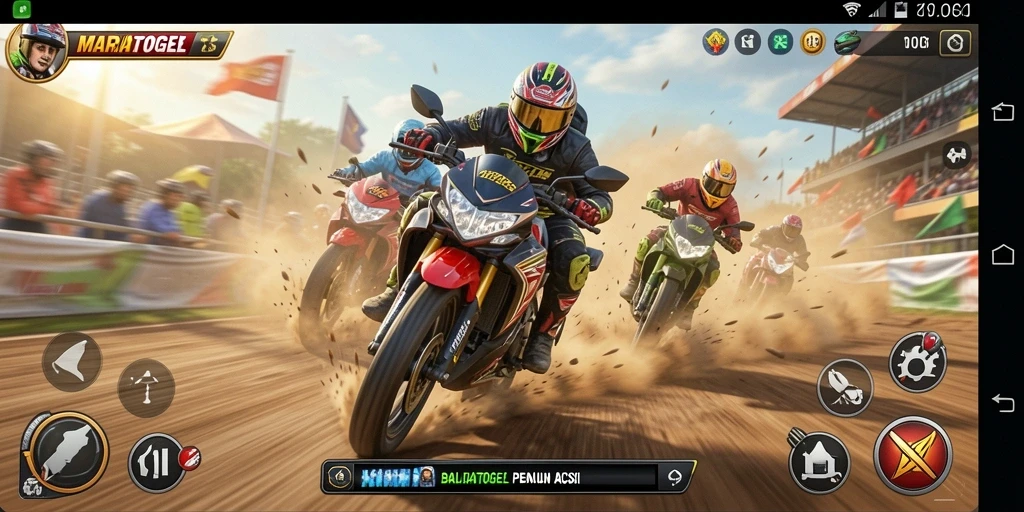 Gameplay seru MARIATOGEL dengan balapan motor yang mendebarkan.