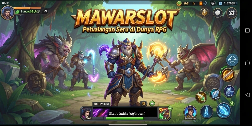 Screenshot gameplay MAWARSLOT dengan karakter RPG yang sedang bertempur.
